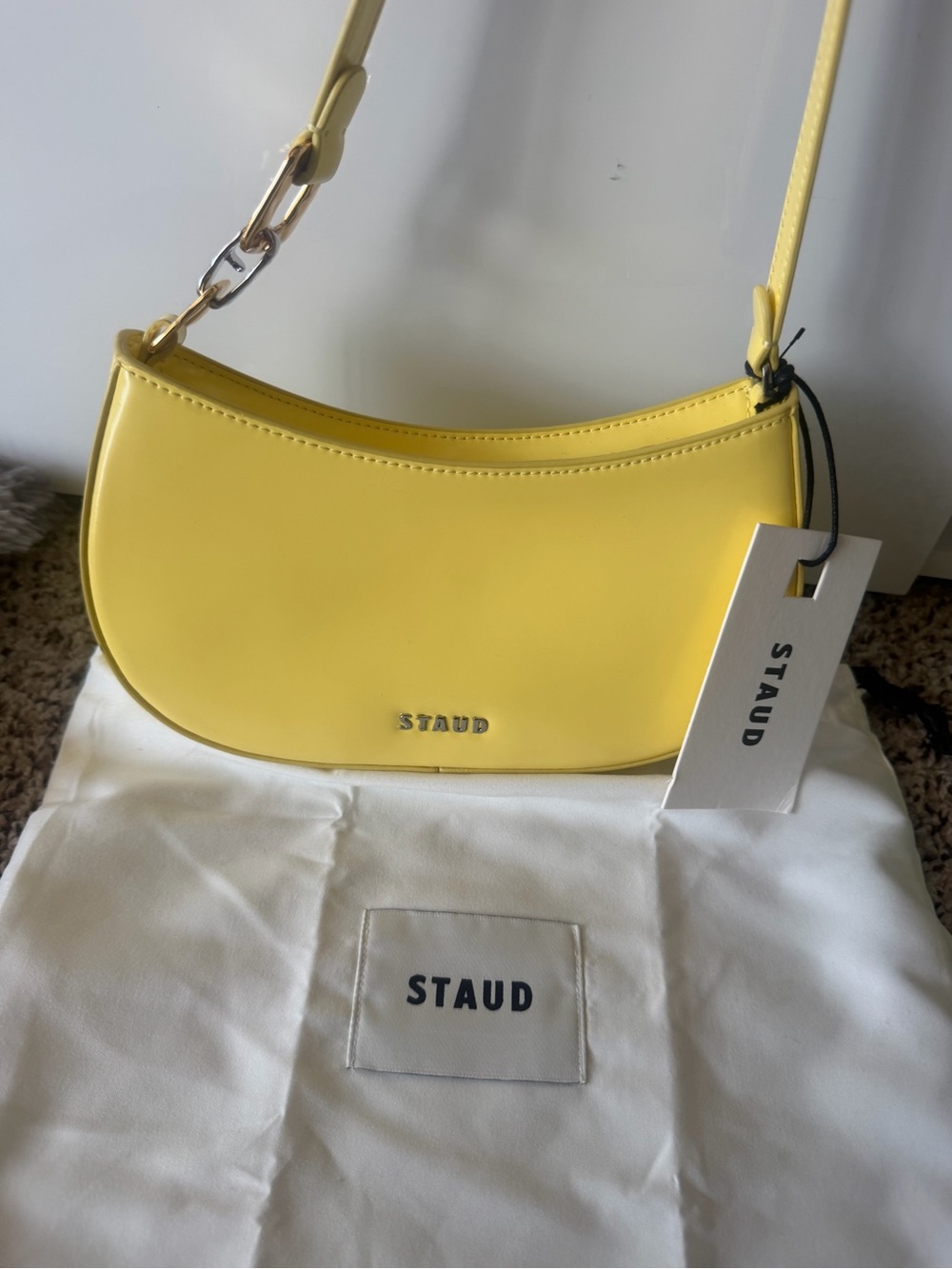 STAUD Yellow Crescent Shoulder Bag with Gold Hardware